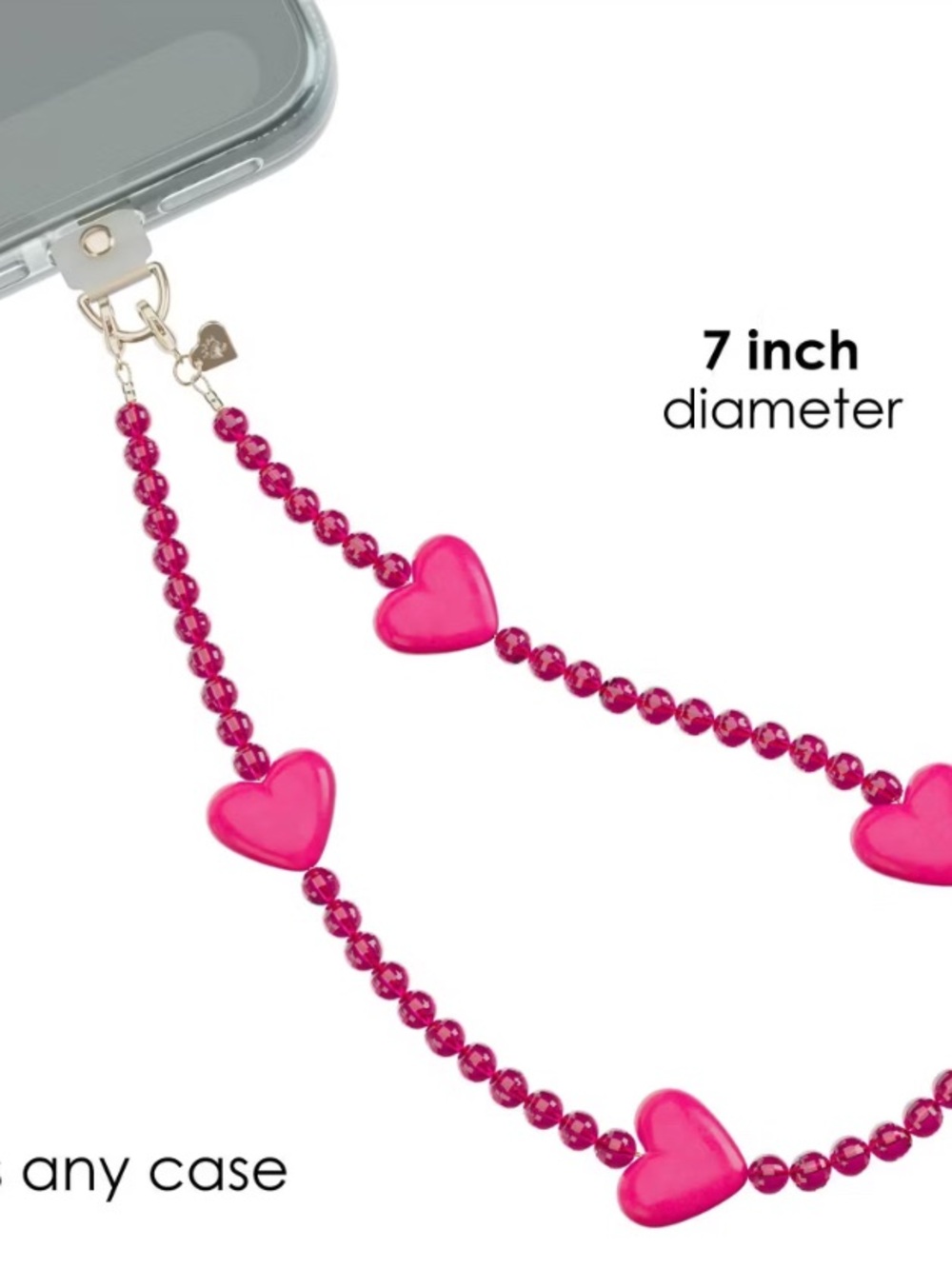 Kids Heart Bead Phone Charm Strap - Pink CASE NOT INCLUDED